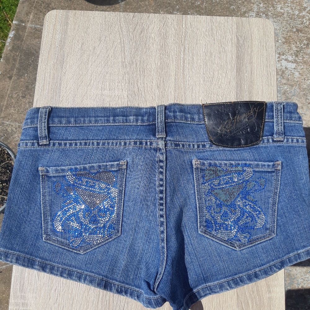 Ed Hardy Blue Denim Jean Shorts with Rhinestone Pocket Embellishment